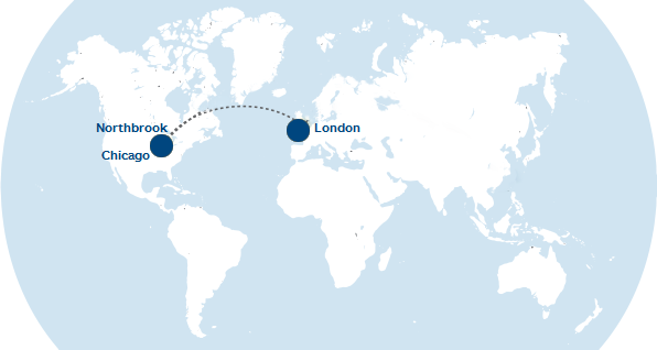 Image of globe with showing Northbrook, Chicago, and London cities